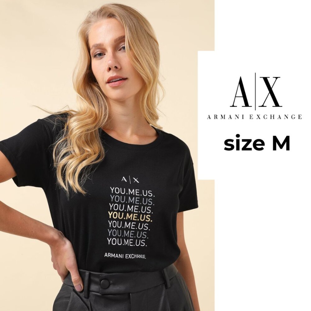 Armani Exchange Black Tee with White and Gold Print